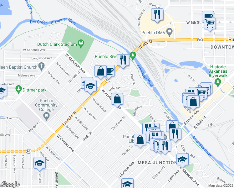 map of restaurants, bars, coffee shops, grocery stores, and more near 119 Harvard Avenue in Pueblo