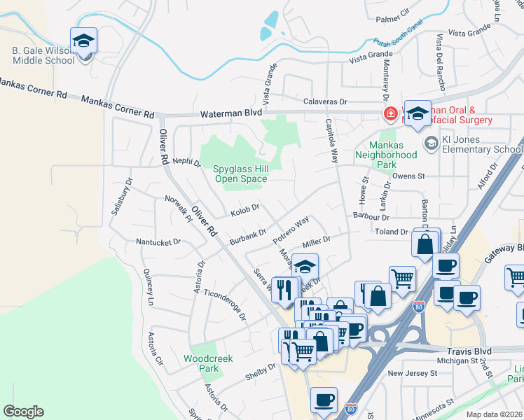map of restaurants, bars, coffee shops, grocery stores, and more near 1746 Kolob Drive in Fairfield