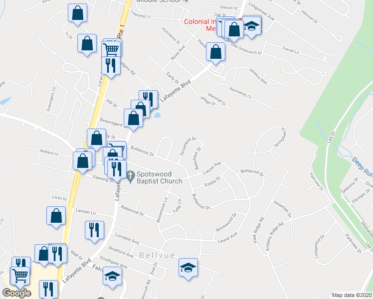 map of restaurants, bars, coffee shops, grocery stores, and more near 308 Sycamore Drive in Fredericksburg