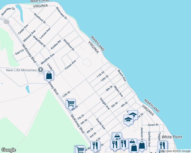 map of restaurants, bars, coffee shops, grocery stores, and more near 129 11th Street in Colonial Beach