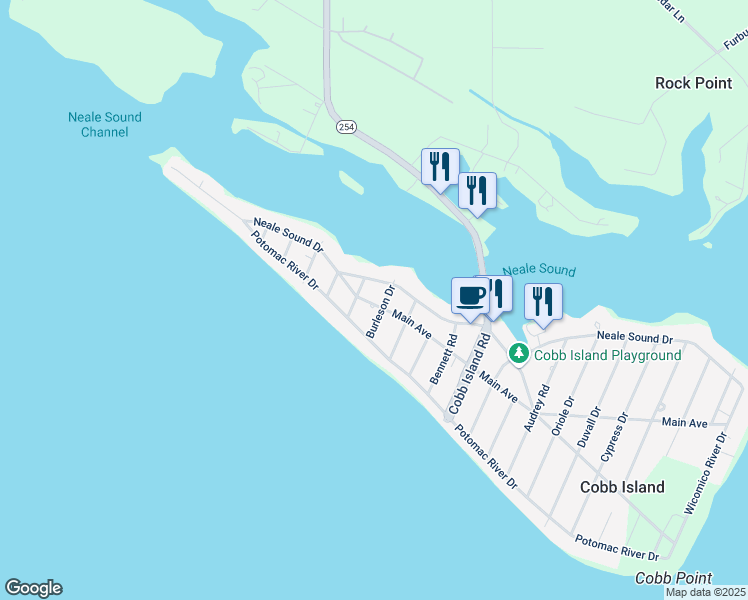 map of restaurants, bars, coffee shops, grocery stores, and more near 16514 Oakley Drive in Cobb Island