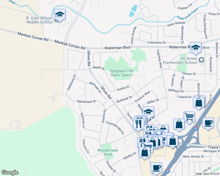 map of restaurants, bars, coffee shops, grocery stores, and more near 1826 Kolob Drive in Fairfield