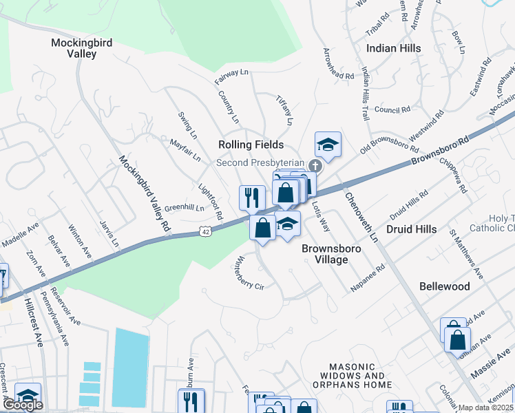map of restaurants, bars, coffee shops, grocery stores, and more near 3607 Brownsboro Road in Louisville