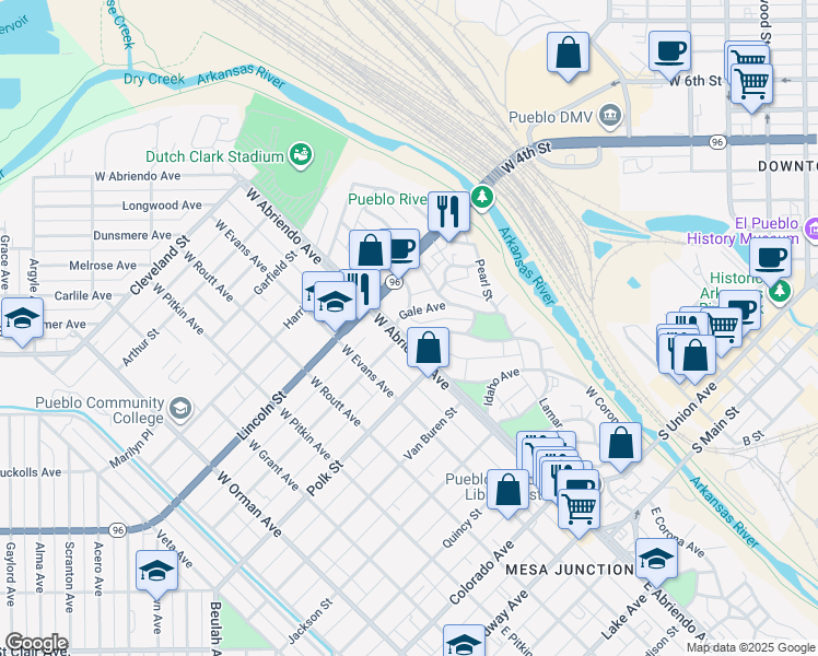 map of restaurants, bars, coffee shops, grocery stores, and more near 118 Gale Avenue in Pueblo