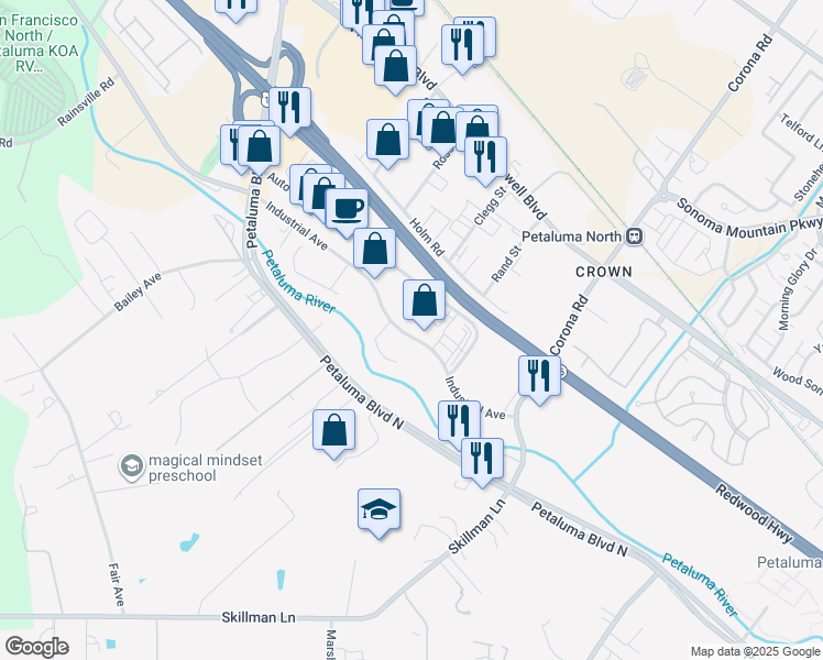 map of restaurants, bars, coffee shops, grocery stores, and more near 1120 Industrial Avenue in Petaluma