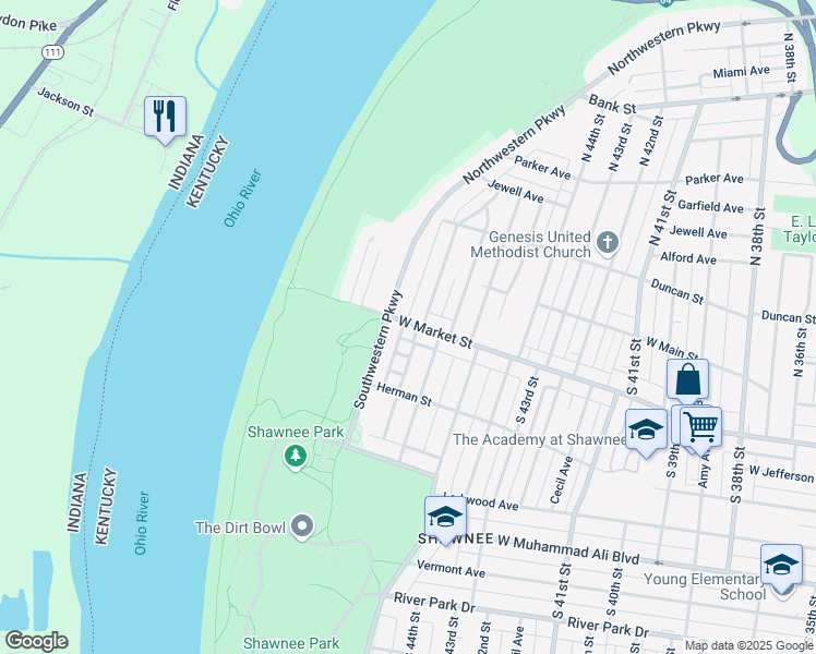 map of restaurants, bars, coffee shops, grocery stores, and more near in Louisville