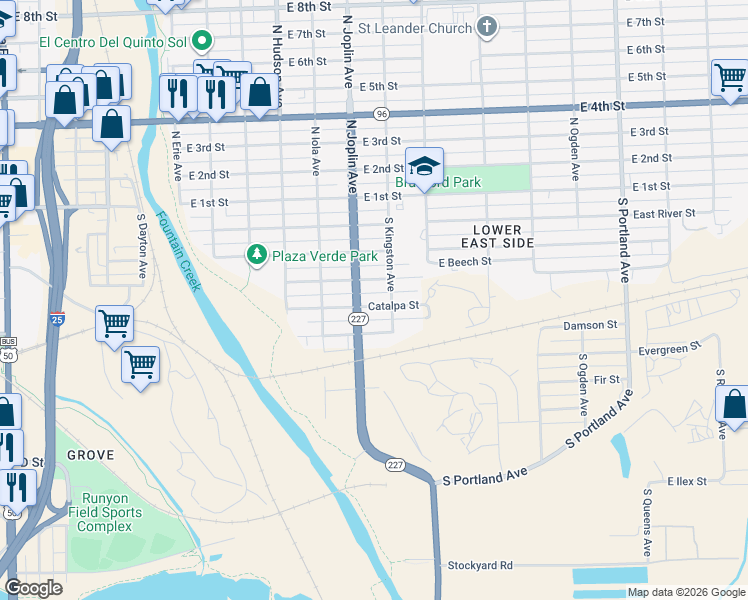 map of restaurants, bars, coffee shops, grocery stores, and more near 1115 Catalpa Street in Pueblo