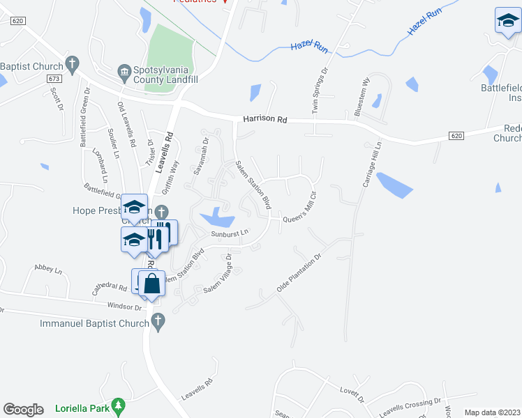 map of restaurants, bars, coffee shops, grocery stores, and more near 11209 Kings Crest Court in Fredericksburg