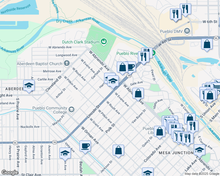map of restaurants, bars, coffee shops, grocery stores, and more near 736 West Evans Avenue in Pueblo
