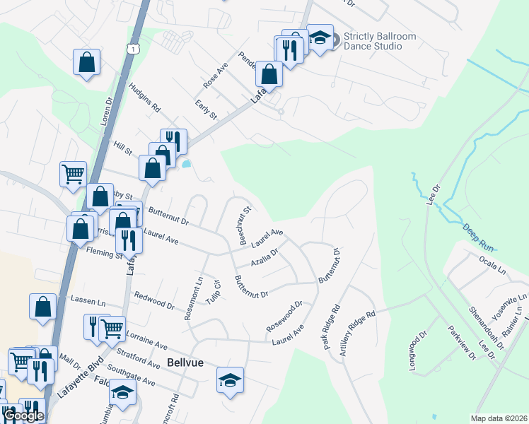 map of restaurants, bars, coffee shops, grocery stores, and more near 329 Sycamore Drive in Fredericksburg