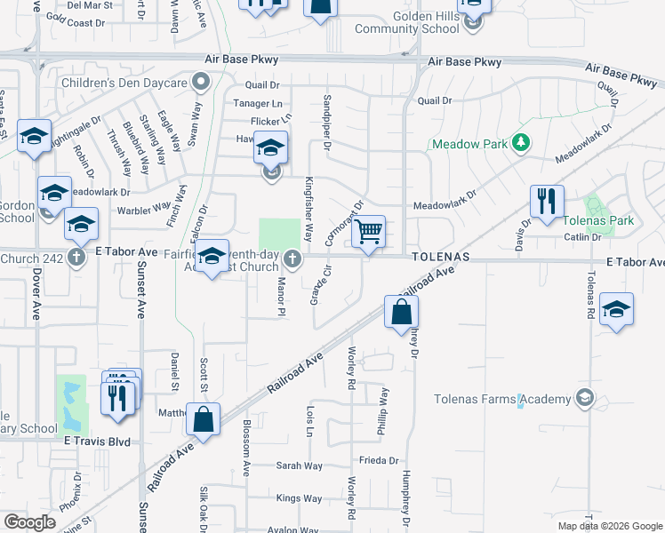 map of restaurants, bars, coffee shops, grocery stores, and more near 1990 Grande Circle in Fairfield
