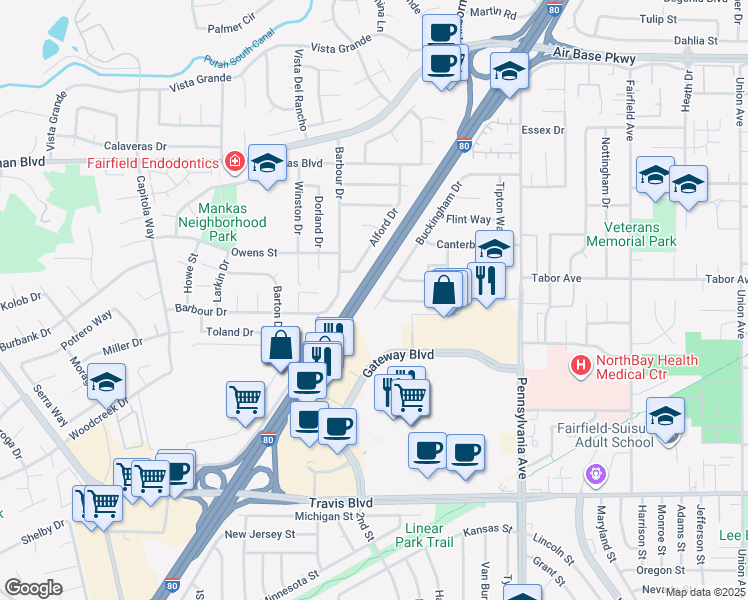 map of restaurants, bars, coffee shops, grocery stores, and more near 1900 Buckingham Drive in Fairfield