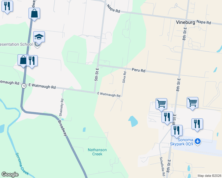 map of restaurants, bars, coffee shops, grocery stores, and more near 570 East Watmaugh Road in Sonoma