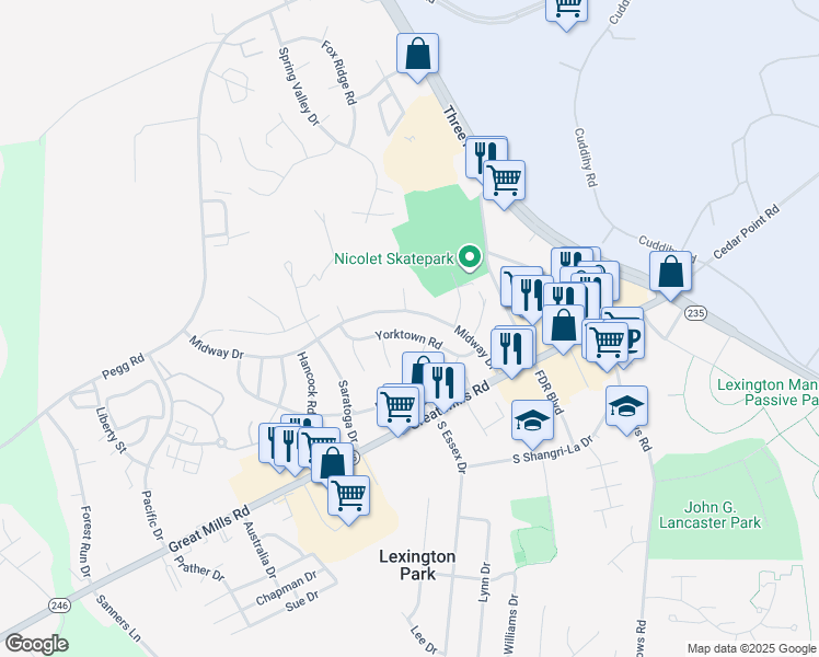 map of restaurants, bars, coffee shops, grocery stores, and more near 46626 Yorktown Road in Lexington Park