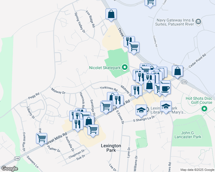 map of restaurants, bars, coffee shops, grocery stores, and more near 46620 Yorktown Road in Lexington Park