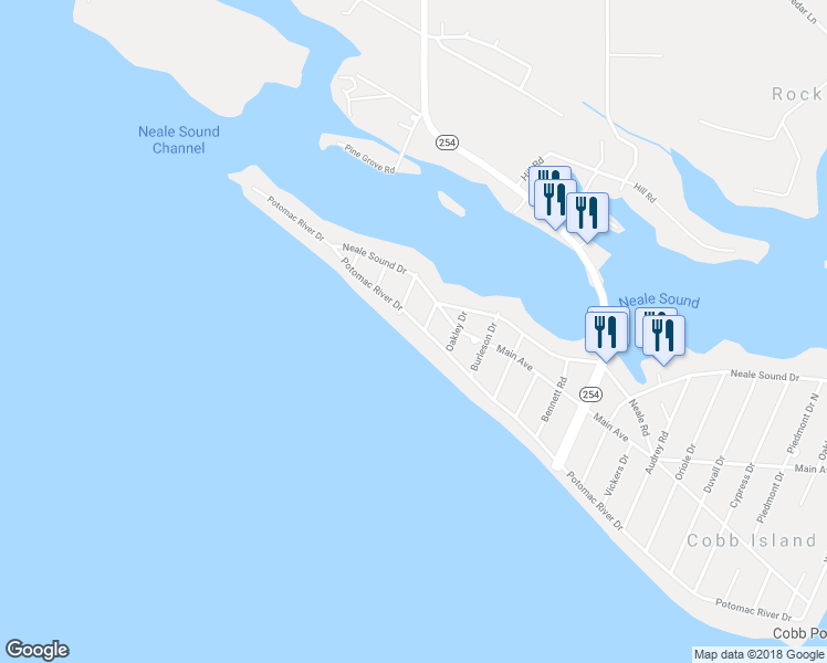 map of restaurants, bars, coffee shops, grocery stores, and more near 15073 Potomac River Drive in Cobb Island