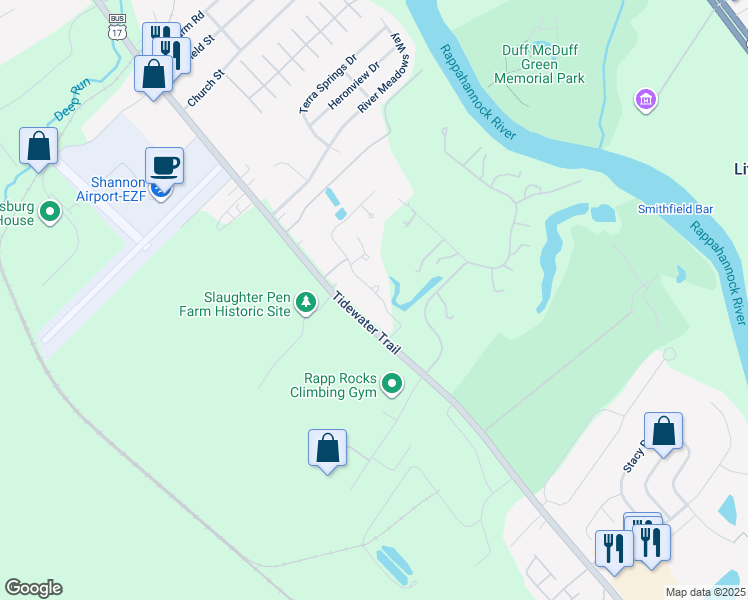map of restaurants, bars, coffee shops, grocery stores, and more near 11202 Mansfield Club Drive in Fredericksburg
