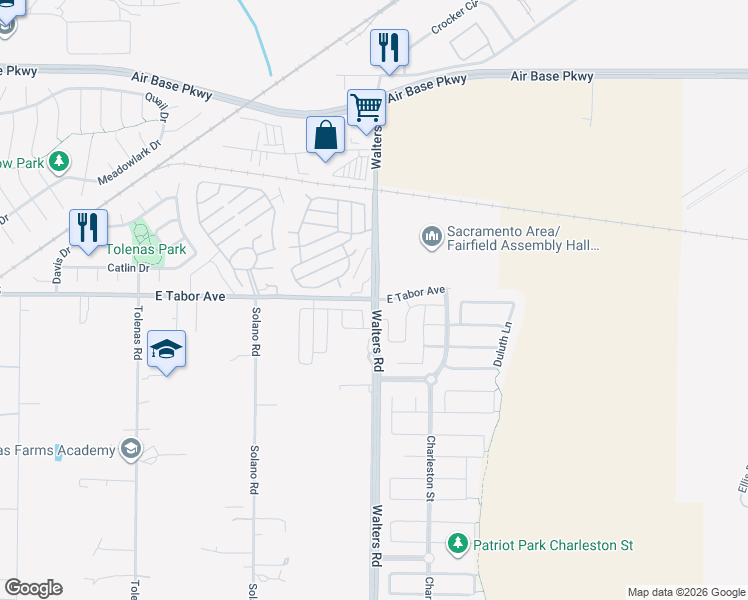 map of restaurants, bars, coffee shops, grocery stores, and more near Walters Rd & E Tabor Ave in Fairfield