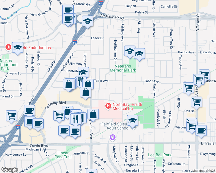 map of restaurants, bars, coffee shops, grocery stores, and more near 1967 London Lane in Fairfield