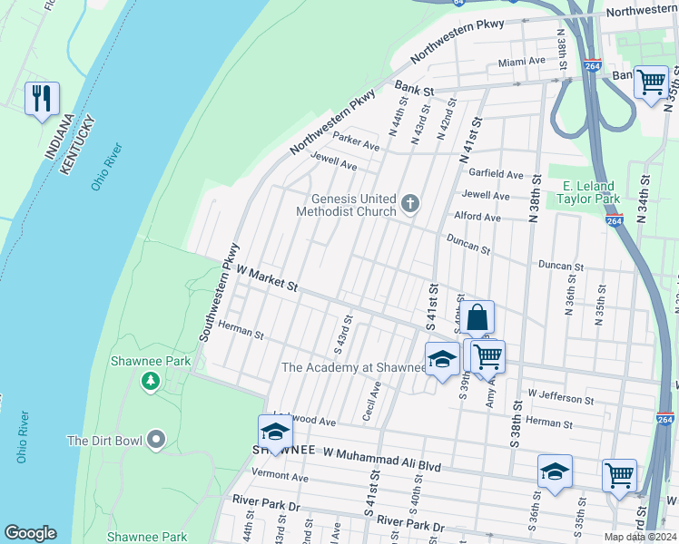 map of restaurants, bars, coffee shops, grocery stores, and more near 132 South 44th Street in Louisville