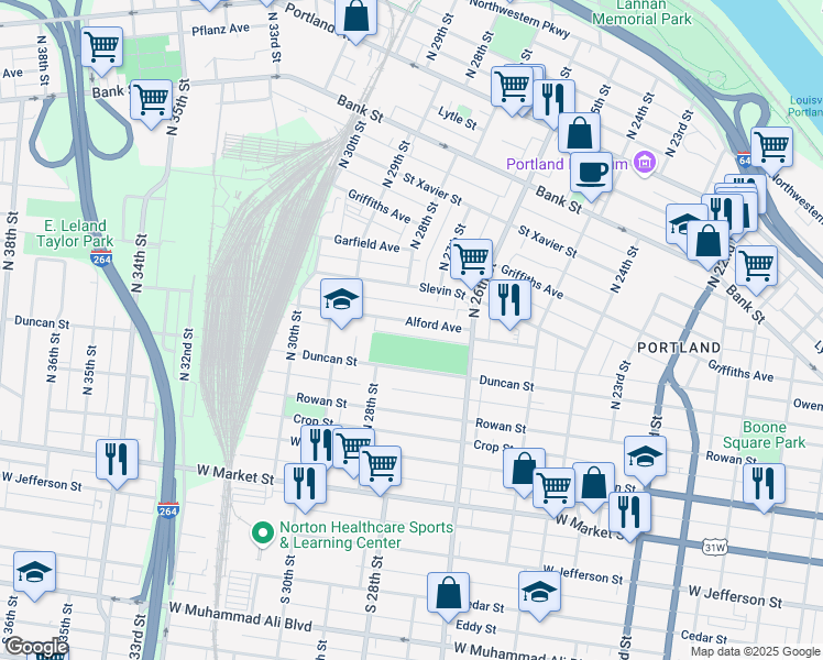 map of restaurants, bars, coffee shops, grocery stores, and more near 2700 Alford Avenue in Louisville