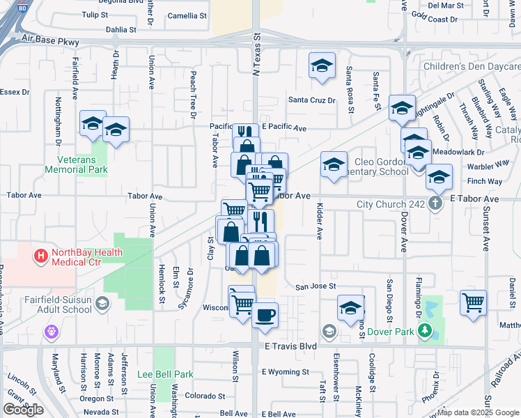 map of restaurants, bars, coffee shops, grocery stores, and more near 1980 North Texas Street in Fairfield