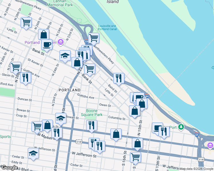 map of restaurants, bars, coffee shops, grocery stores, and more near 1842 Baird Street in Louisville