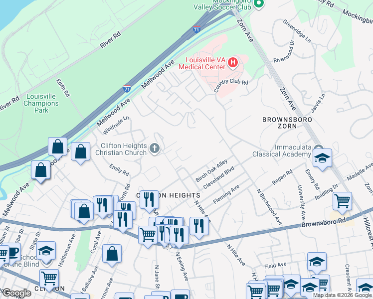 map of restaurants, bars, coffee shops, grocery stores, and more near 2840 Bexley Court in Louisville