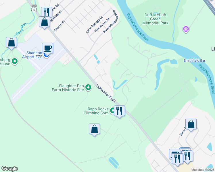 map of restaurants, bars, coffee shops, grocery stores, and more near 11202 Mansfield Club Drive in Fredericksburg