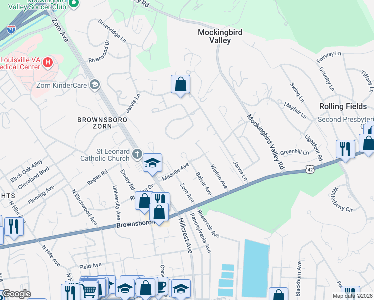 map of restaurants, bars, coffee shops, grocery stores, and more near 404 Winton Lane in Louisville