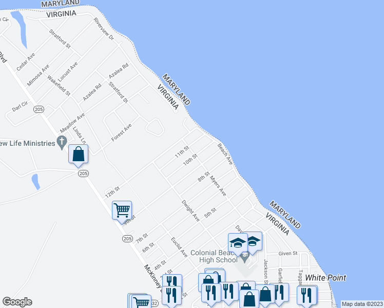 map of restaurants, bars, coffee shops, grocery stores, and more near 101 10th Street in Colonial Beach