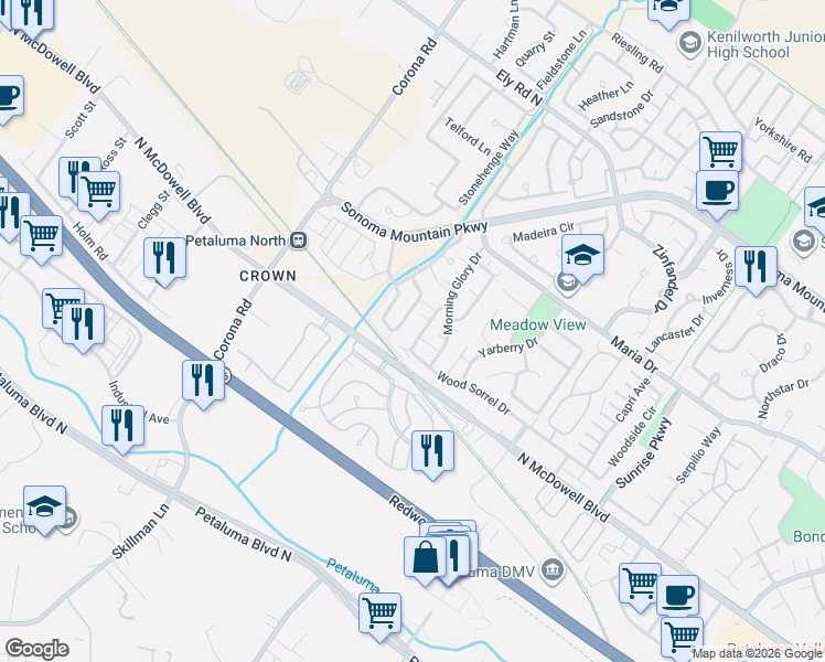 map of restaurants, bars, coffee shops, grocery stores, and more near 952 Hogwarts Circle in Petaluma