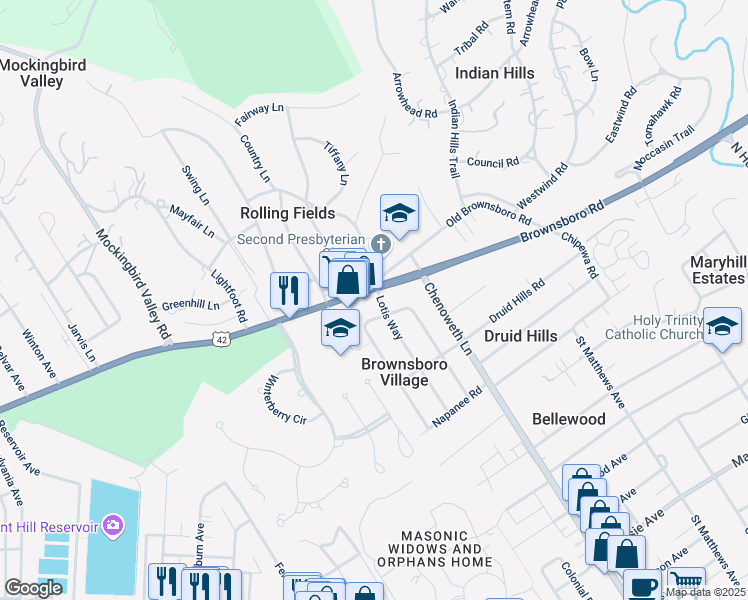 map of restaurants, bars, coffee shops, grocery stores, and more near 3646 Brownsboro Road in Louisville