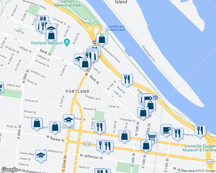 map of restaurants, bars, coffee shops, grocery stores, and more near 512 North 19th Street in Louisville