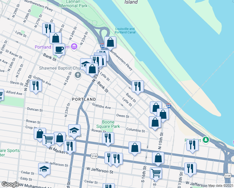 map of restaurants, bars, coffee shops, grocery stores, and more near 512 North 19th Street in Louisville