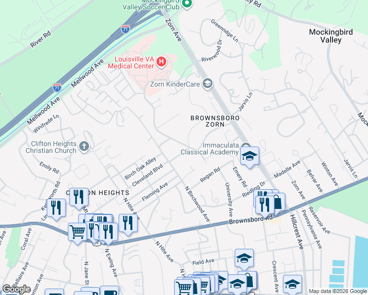 map of restaurants, bars, coffee shops, grocery stores, and more near 2935 Cleveland Boulevard in Louisville