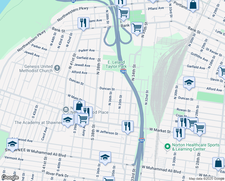 map of restaurants, bars, coffee shops, grocery stores, and more near 233 North 36th Street in Louisville
