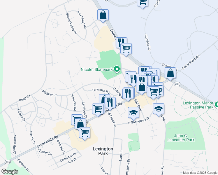map of restaurants, bars, coffee shops, grocery stores, and more near 46661 Midway Drive in Lexington Park