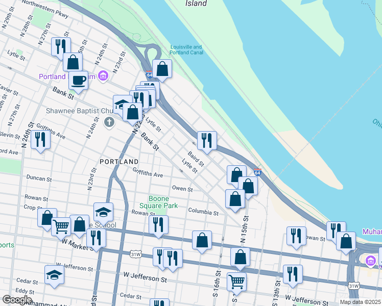 map of restaurants, bars, coffee shops, grocery stores, and more near 1839 Baird Street in Louisville