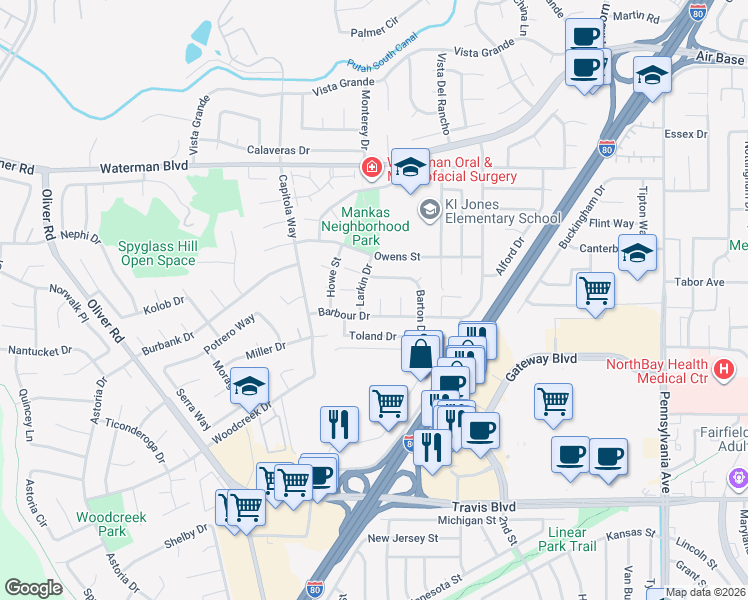 map of restaurants, bars, coffee shops, grocery stores, and more near 1739 Markham Court in Fairfield
