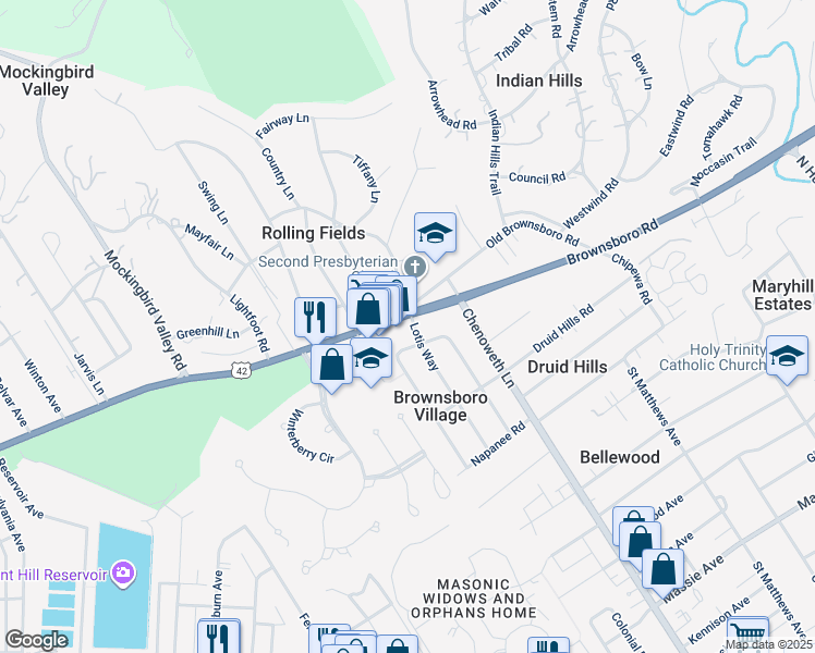 map of restaurants, bars, coffee shops, grocery stores, and more near 3646 Brownsboro Road in Louisville
