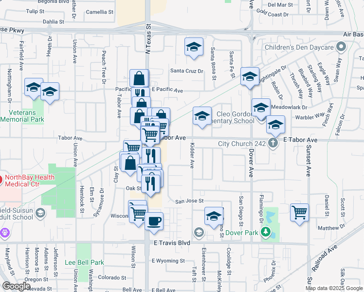 map of restaurants, bars, coffee shops, grocery stores, and more near 307 East Tabor Avenue in Fairfield