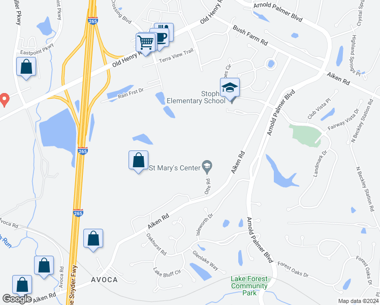 map of restaurants, bars, coffee shops, grocery stores, and more near 14103 Aiken Road in Louisville