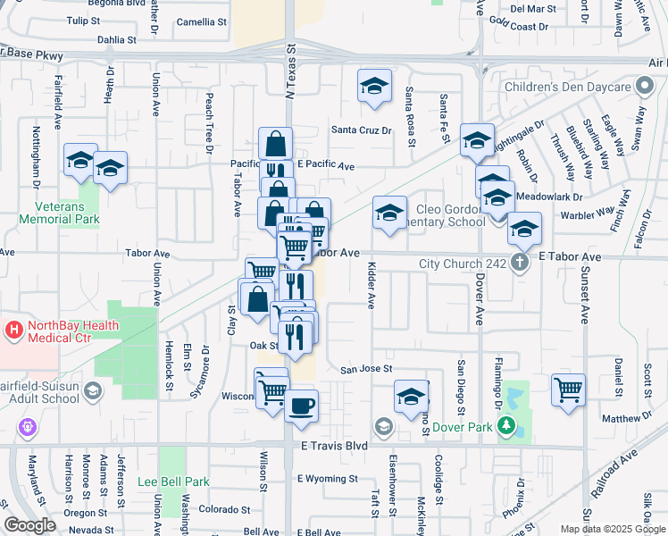 map of restaurants, bars, coffee shops, grocery stores, and more near 307 East Tabor Avenue in Fairfield