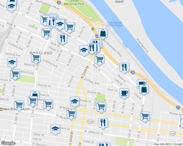 map of restaurants, bars, coffee shops, grocery stores, and more near 2100 Saint Xavier Street in Louisville