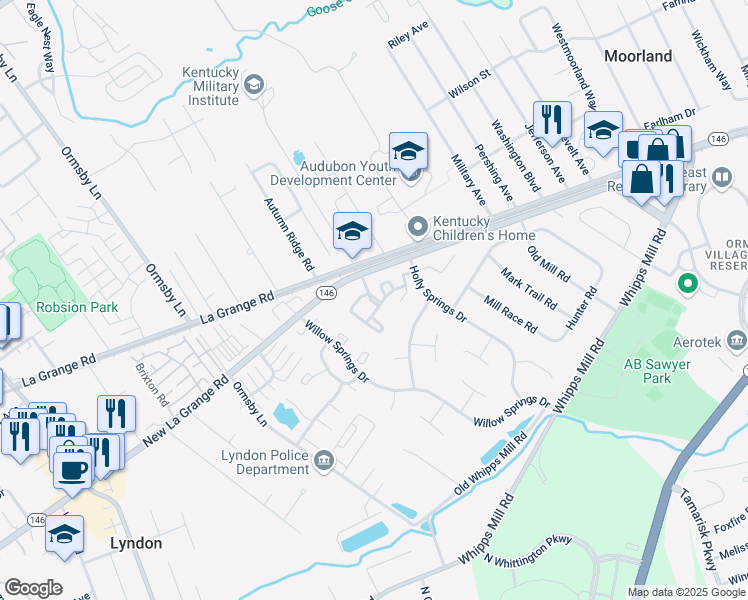 map of restaurants, bars, coffee shops, grocery stores, and more near 1200 Canterchase Drive in Louisville