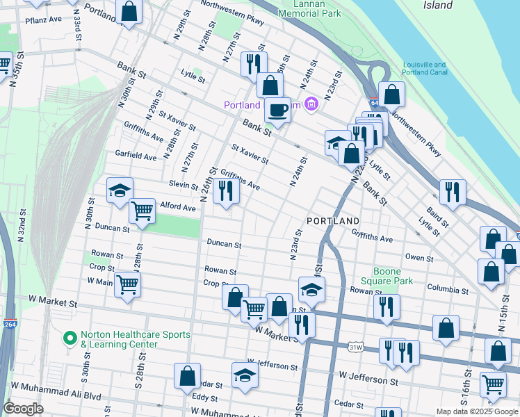 map of restaurants, bars, coffee shops, grocery stores, and more near 2420 Garfield Avenue in Louisville