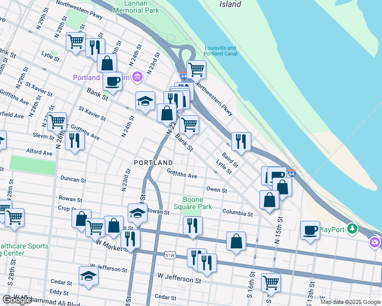 map of restaurants, bars, coffee shops, grocery stores, and more near 1930 Bank Street in Louisville