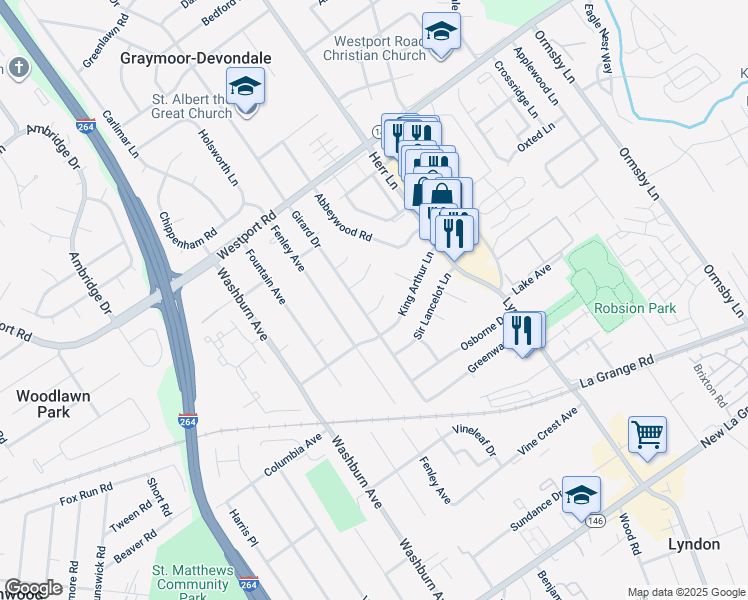map of restaurants, bars, coffee shops, grocery stores, and more near 1002 Round Table Court in Louisville