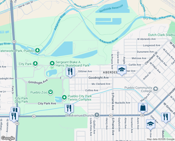 map of restaurants, bars, coffee shops, grocery stores, and more near 599 Dittmer Ave in Pueblo